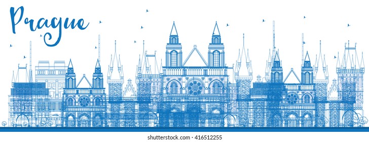 Outline Prague skyline with blue landmarks. Vector illustration. Business and tourism concept with old buildings. Image for presentation, banner, placard or web site