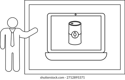 Outline of presenter pointing to laptop displaying an oil barrel