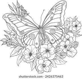 Outline of a pretty butterfly, surrounded by flowers and leaves, colouring page design.