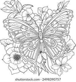 Outline of a pretty butterfly, surrounded by flowers and leaves, colouring book page design.