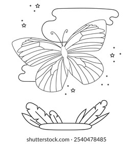 Outline of a pretty butterfly, surrounded by flowers and leaves, colouring page design. Coloring book antistress for children and adults. Illustration isolated on white background. 115