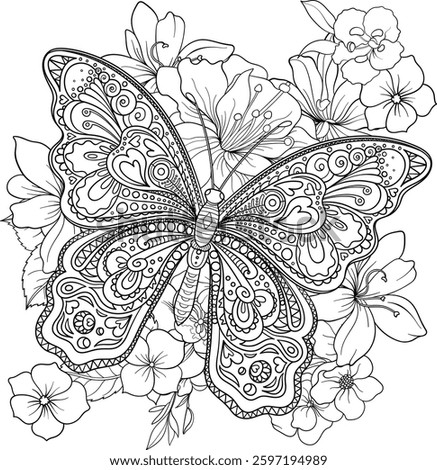 Outline of a pretty butterfly, surrounded by flowers and leaves, colouring book page design.