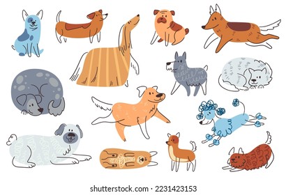 Esbozar perros lindos. Acción de Doodle empuja línea de agua perro graciosos niños mascotas dibujos animados animales lindos, dibujo de sonrisa labrador pintura mascotas diseño, set ingeniosa ilustración vectorial de perro animal lindo