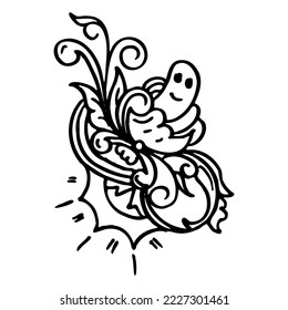 Outline pretty floral ornament sketch design. Hand drawn black outline floral ornament. Ornament illustration. Simple cartoon doodle style ornament sketch suitable for t-shirt prints