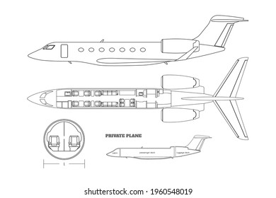 Outline Private Airplane Bluteprint. Side And Top View Of Business Plane. Plane Seats Map. Drawing Of Commercial Aircraft Interior. Luxury Jet Industrial Scheme. Passenger Plan