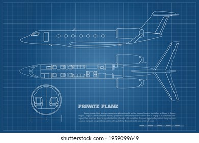 Outline private airplane interior  Side   top view business plane  Plane seats map  Drawing commercial aircraft  Luxury jet industrial blueprint  Passenger plan  Vector illustration