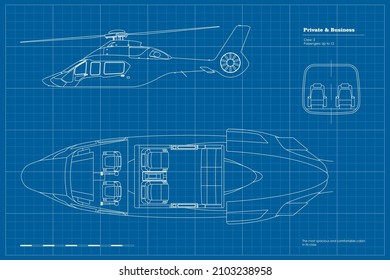 Outline private helicopter interior. Cockpit blueprint. Top, side view of business vehicle. Cabin drawing. Modern transportation. Industrial vector illustration