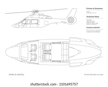 Outline private helicopter interior. Isolated cockpit blueprint. Top, side view of business vehicle. Cabin drawing. Modern transportation. Industrial vector illustration