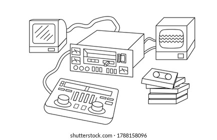 Outline Professional video automatic editing control unit for video cassette. Professional video recorder in TV production studio. Vintage video equipment with used ot be television made.