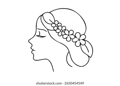 Outline profile a woman with closed eyes floral hair decoration Single face