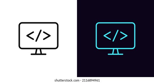 Outline programming icon, with editable stroke. Computer sign with code, web development pictogram. Software and app development, programming language. Vector icon, sign, symbol for UI and Animation