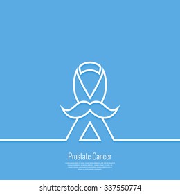 Outline prostate cancer blue ribbon awareness with mustache. Minimal abstract vector illustration. 