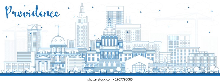 Outline Providence Rhode Island City Skyline with Blue Buildings. Vector Illustration. Providence USA Cityscape with Landmarks. Business Travel and Tourism Concept with Modern Architecture.