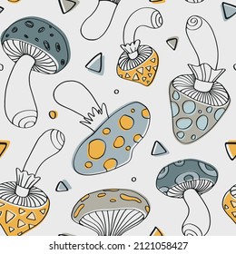 Outline psychedelic mushroom pattern. Seamless vector print for textile, fabric, paper.