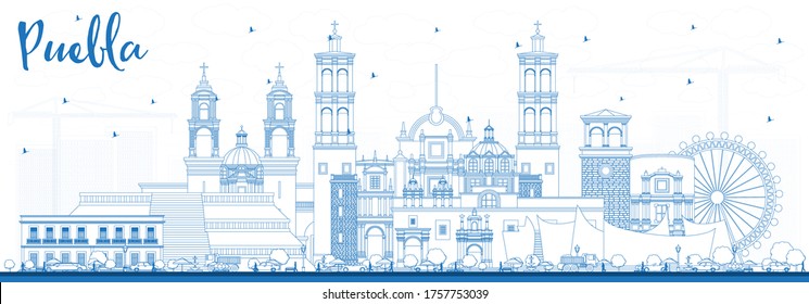 Outline Puebla Mexico City Skyline with Blue Buildings. Vector Illustration. Tourism Concept with Historic and Modern Architecture. Puebla Cityscape with Landmarks.