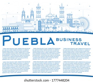 Outline Puebla Mexico City Skyline with Blue Buildings and Copy Space. Vector Illustration. Tourism Concept with Historic and Modern Architecture. Puebla Cityscape with Landmarks.