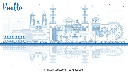 Outline Puebla Mexico City Skyline with Blue Buildings and Reflections. Vector Illustration. Tourism Concept with Historic and Modern Architecture. Puebla Cityscape with Landmarks.