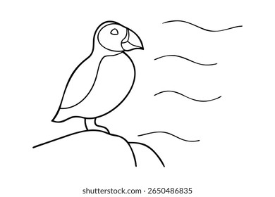 Outline a puffin bird perched on a rock with wavy lines on graphic animal