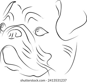 Outline of a pug's head. Dog on a white background. Design of greeting cards, posters, patches, prints on clothes, emblems. Pet.