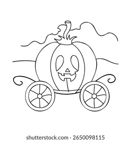 Outline pumpkin carriage with jack o lantern face wheels for halloween jackolantern