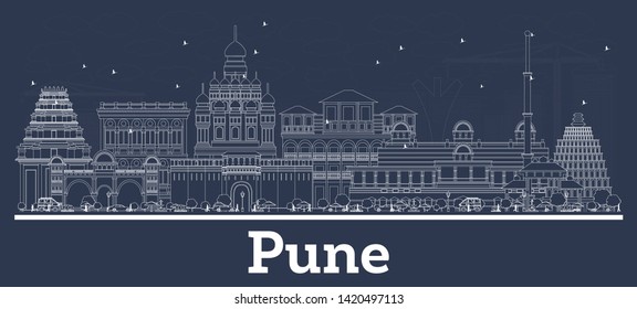 Esquema de Pune India City Skyline con Edificios Blancos. Ilustración vectorial. Concepto de viajes de negocios y turismo con arquitectura histórica. Pune Cityscape con Landmarks.