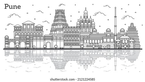 Esbozo de Pune India City Skyline con reflexiones y edificios históricos aislados en blanco. Ilustración vectorial. Pune el paisaje urbano de Maharashtra con monumentos.