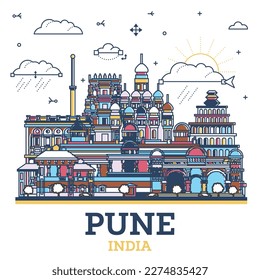 Esbozo de Pune India City Skyline con edificios históricos de colores aislados en blanco. Ilustración vectorial. Pune el paisaje urbano de Maharashtra con monumentos.