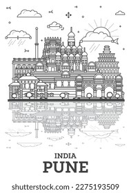 Esbozo de Pune India City Skyline con edificios históricos y reflexiones aisladas en blanco. Ilustración vectorial. Pune el paisaje urbano de Maharashtra con monumentos.