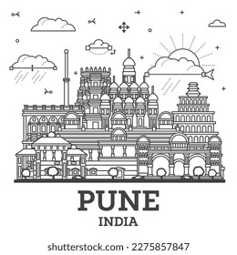 Esbozo de Pune India City Skyline con edificios históricos aislados en blanco. Ilustración vectorial. Pune el paisaje urbano de Maharashtra con monumentos.