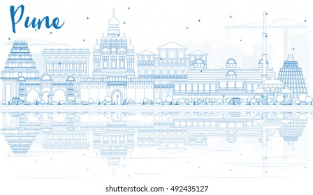 Outline Pune Skyline With Blue Buildings And Reflections. Vector Illustration. Business Travel And Tourism Concept With Historic Architecture. Image For Presentation Banner Placard And Web Site.