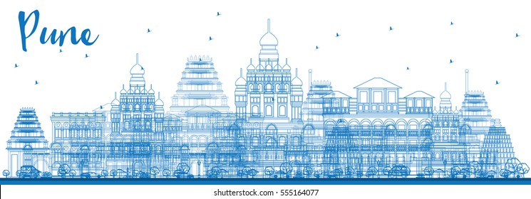 Outline Pune Skyline With Blue Buildings. Vector Illustration. Business Travel And Tourism Concept With Historic Buildings. Image For Presentation Banner Placard And Web Site.