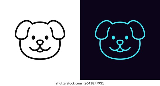 Outline puppy face icon, with editable stroke. Cute dog head icon, puppy emoji with smile. Happy dog face, puppy head, cartoon funny pet, cute animal emoticon, dog baby. Vector icon