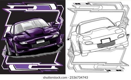 Outline purple and painted racing car. Isolated in black background, for t-shirt design, print. and for business purposes.