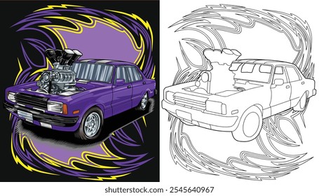 Outline purple and painted racing car. Isolated in black background, for t-shirt design, print. and for business purposes.