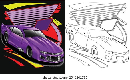 Outline purple and painted racing car. Isolated in black background, for t-shirt design, print, and for business purposes.