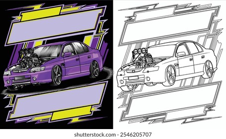 Outline purple and painted racing car. Isolated in black background, for t-shirt design, print, and for business purposes.