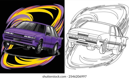 Outline purple and painted racing car. Isolated in black background, for t-shirt design, print, and for business purposes.