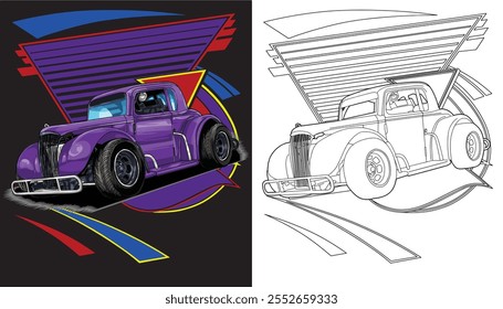 Outline purple and painted racing car. Isolated in black background, for t-shirt design, print, and for business purposes.