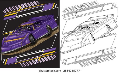 Outline purple and painted racing car. Isolated in white background, for t-shirt design, print, and for business purposes.