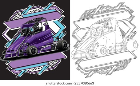 Outline purple and painted racing car. Isolated in black background, for t-shirt design, print, and for business purposes.