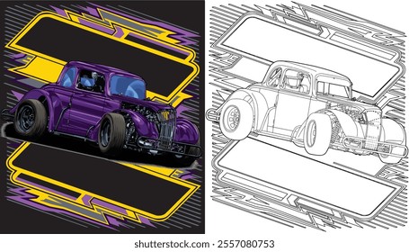 Outline purple and painted racing car. Isolated in white background, for t-shirt design, print, and for business purposes.