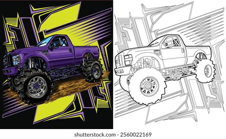 outline purple truck splash, isolated on a black background, for t-shirt design, print, and for business, purposes.