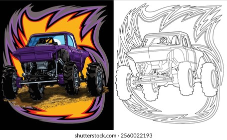 outline purple truck splash, isolated on a black background, for t-shirt design, print, and for business, purposes.