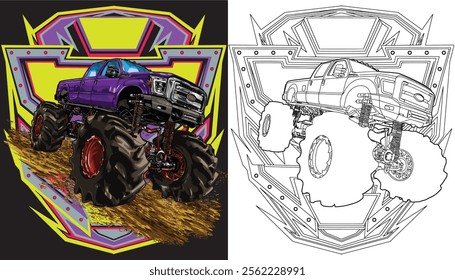 Outline purple truck splash, isolated on a black background, for t-shirt design, print, and for business, purposes.