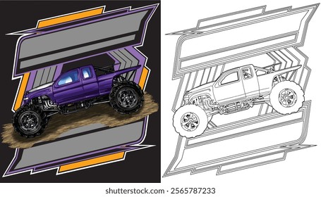 Outline purple truck splash, isolated on a black background, for t-shirt design, print, and for business, purposes.