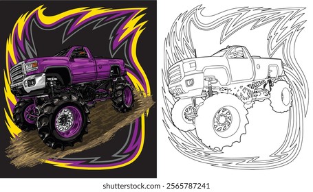 Outline purple truck splash, isolated on a black background, for t-shirt design, print, and for business, purposes.