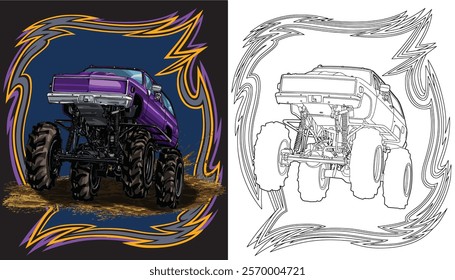 Outline purple truck splash isolated on a black background for t-shirt design, print, and business purposes.