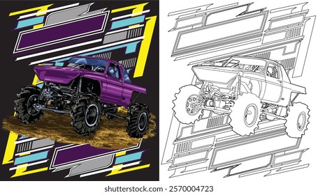 Outline purple truck splash isolated on a black background for t-shirt design, print, and business purposes.