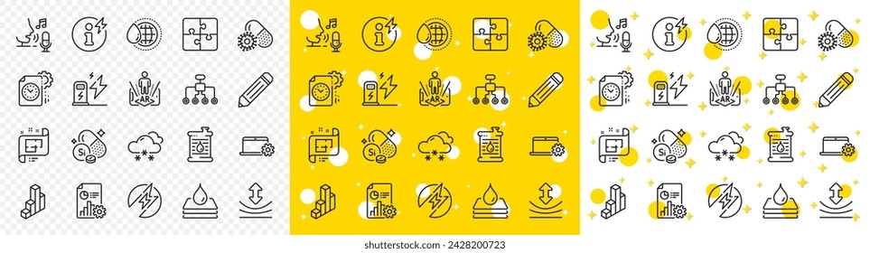 Outline Puzzle, 3d chart and Silicon mineral line icons pack for web with Waterproof, Charging station, Power info line icon. World water, Augmented reality, Pencil pictogram icon. Vector
