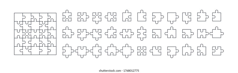 Outline puzzle net isolated on white background. Jigsaw cutting scheme square template and all possible shapes of puzzle pieces collected correctly. Solution concept. Mobile app puzzle game template.